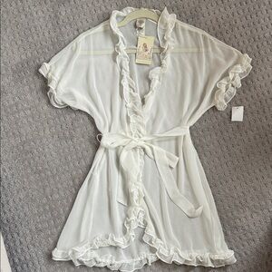 Lightweight White Ruffle-Trim Sheer Robe with Tie Waist